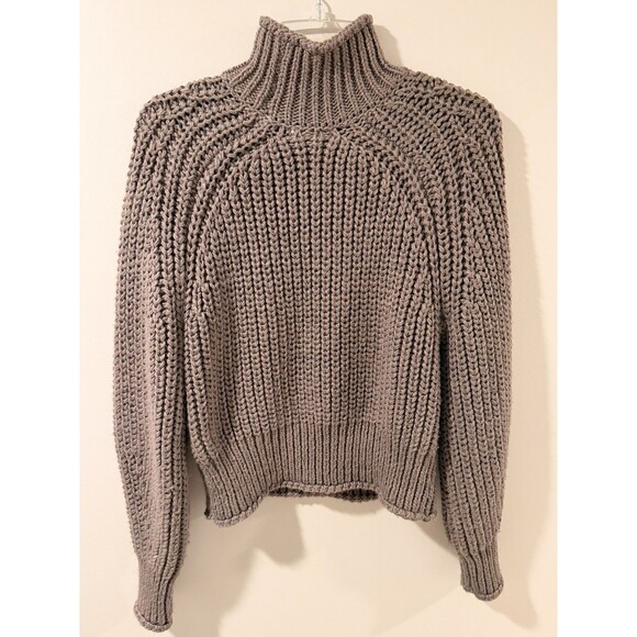 H&M Boxy Taupe Chunky Knit Cable Sweater Mock Neck Taupe Size Small - Picture 3 of 8